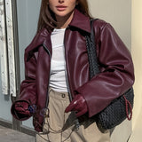 Womens faux Leather Jackets Solid Color Lapel Zipper Long Sleeve Leather Coat