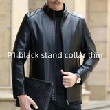 Mens Leather Jacket Stand Collar Men Fleece-lined