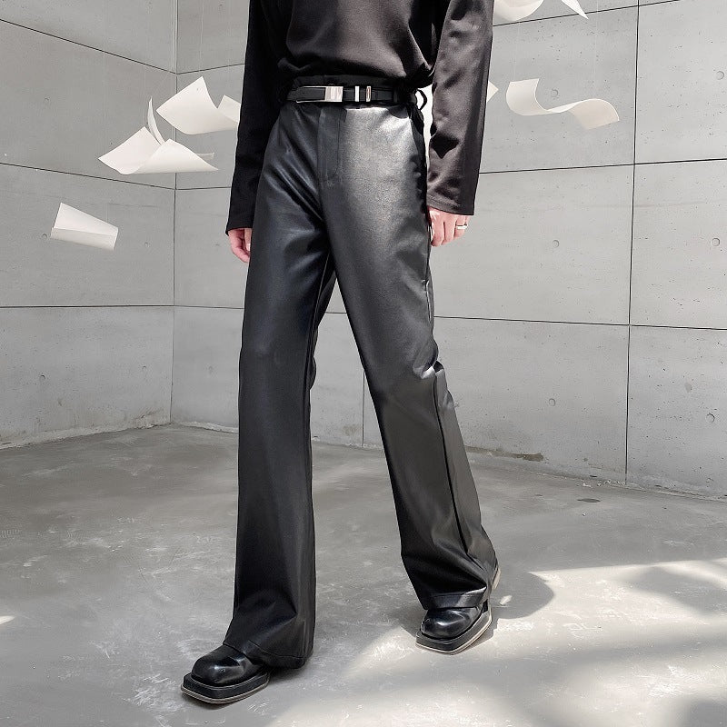 Mens Leather Bell Bottoms Slim Fit 70s Disco Flare Stacked Pants for Men