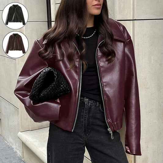 Womens faux Leather Jackets Solid Color Lapel Zipper Long Sleeve Leather Coat
