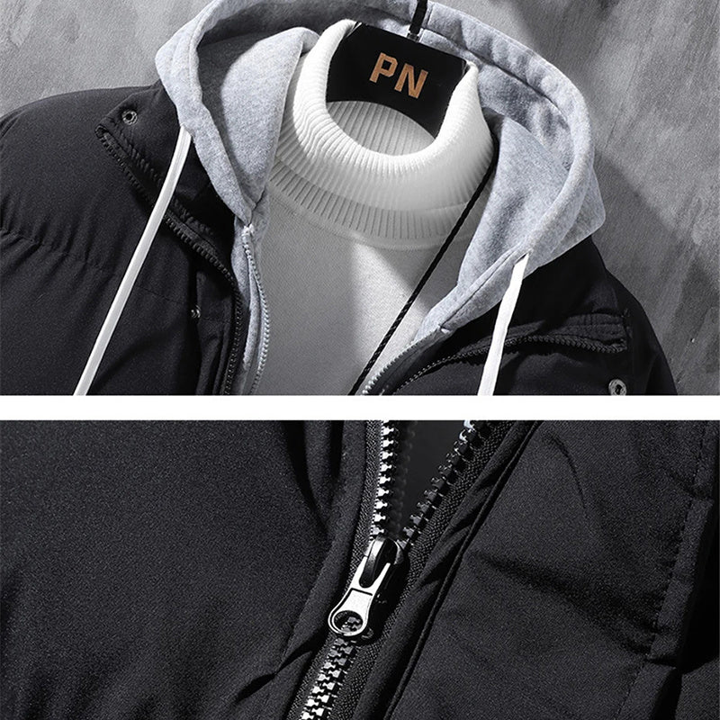 Men Winter Windproof Thickened Fake Two-piece Coat Solid Leisure Sports Cotton Jacket