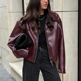 Womens faux Leather Jackets Solid Color Lapel Zipper Long Sleeve Leather Coat