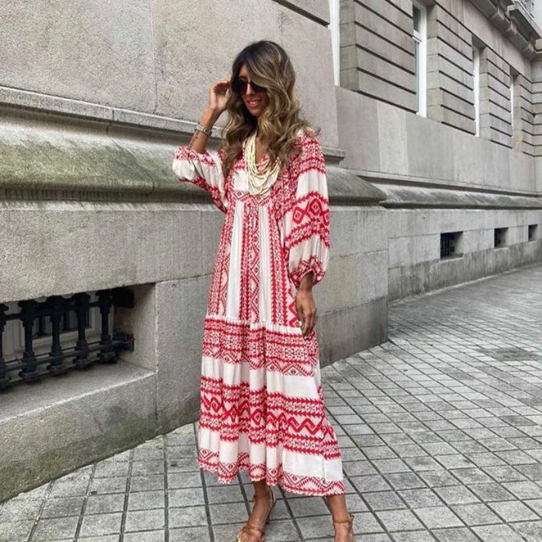 Women Summer Short Sleeve V Neck Casual Loose Beach Dress Ladies Long  Dresses