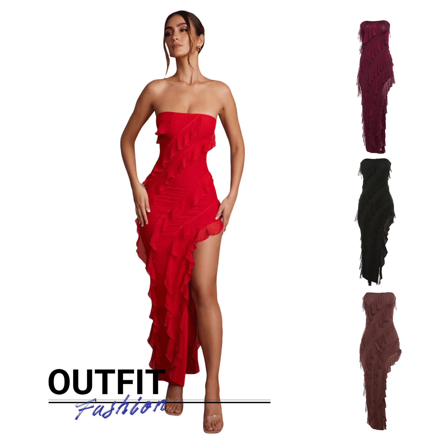 2025 Summer Trend Skinny Women's Tube Top Backless Split Tassel Dress Birthday Party Clubwear