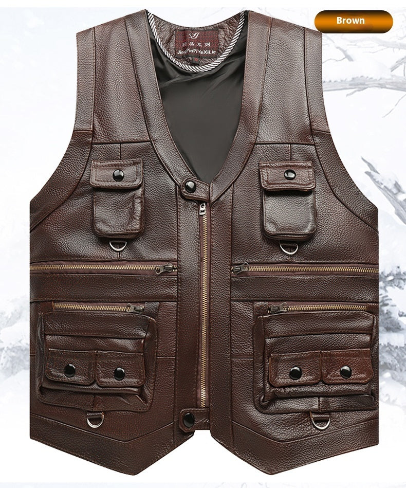 Men's  Cowhide Leather Vest Coat Sleeveless Classic Waistcoat, MotorBike Style