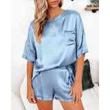 Women's Short Sleeve Silk Pajamas Set Print Satin Sleepwear Homewear Nightwear