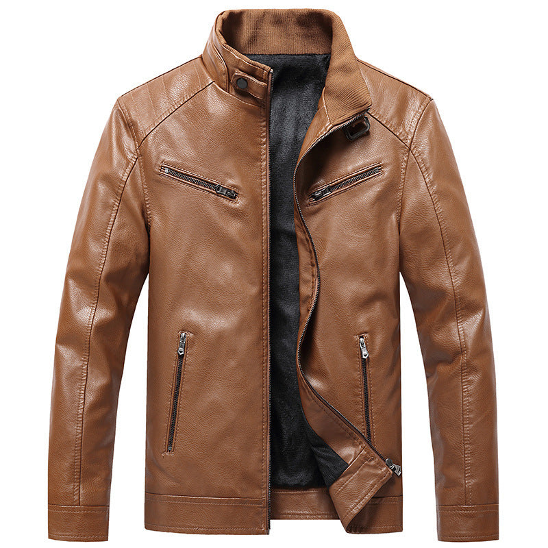 Mens Bomber Faux Leather Jacket Stand Collar Fleece Lined