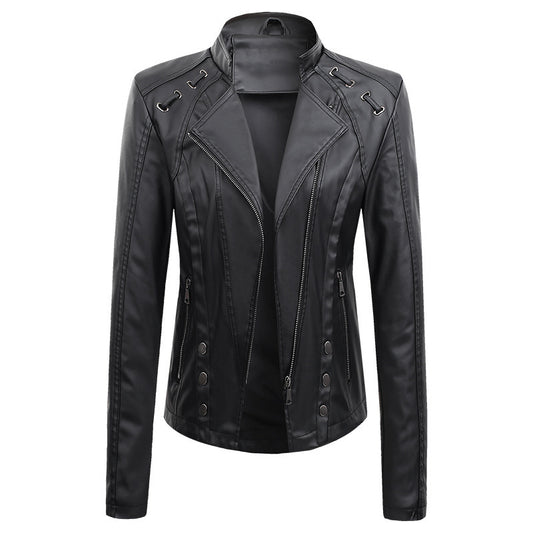 Womens Faux Leather Motobiker Jacket Coat / 2 Pocket Upfront