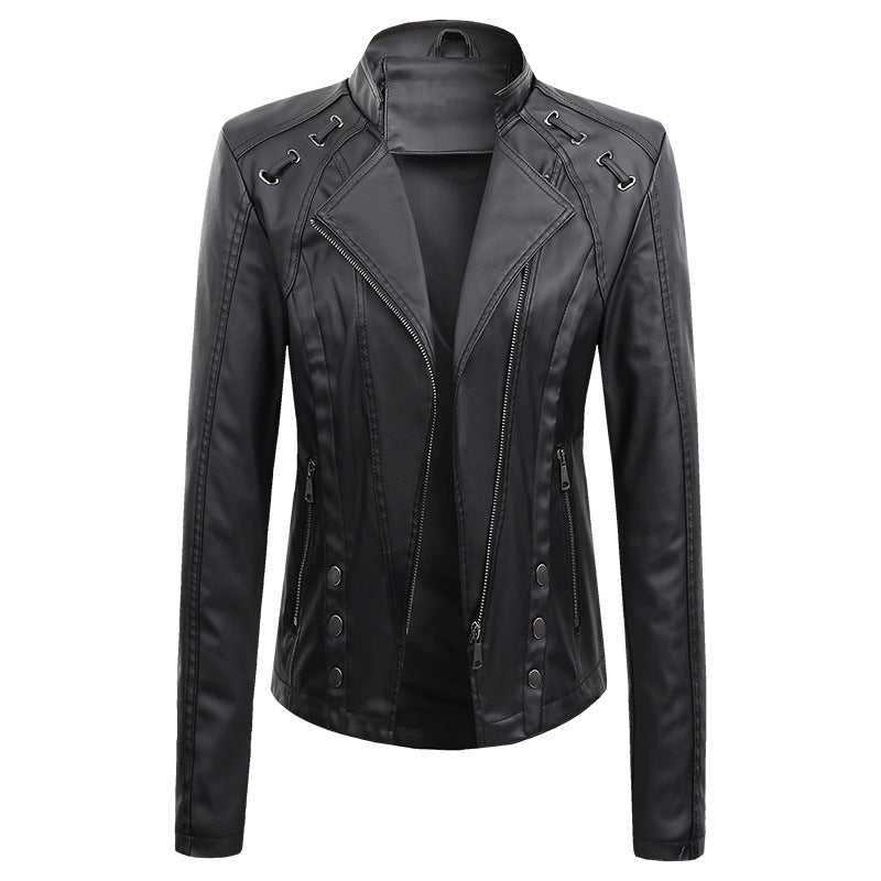 Womens Faux Leather Motobiker Jacket Coat / 2 Pocket Upfront