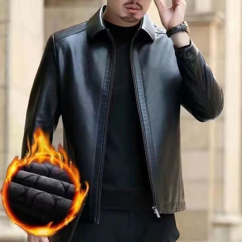 Mens Leather Jacket Stand Collar Men Fleece-lined