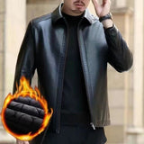 Mens Leather Jacket Stand Collar Men Fleece-lined