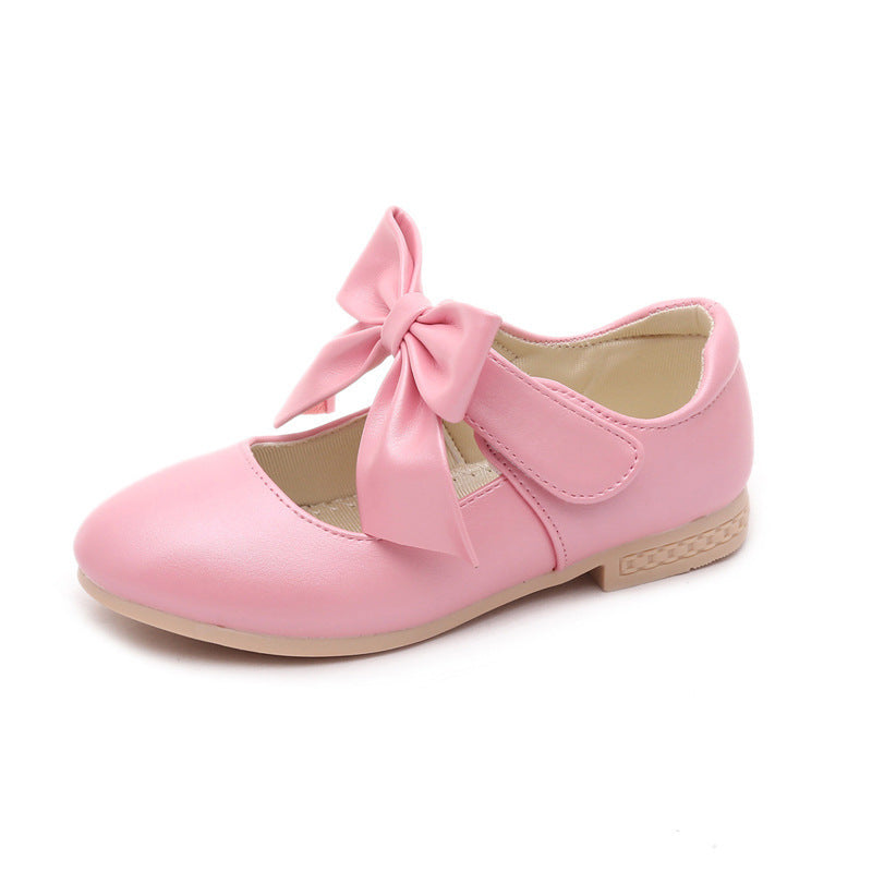 Youth Kids Girls Leather Shoes Fashion Bow Princess Party Dress Dance Flat Shoes