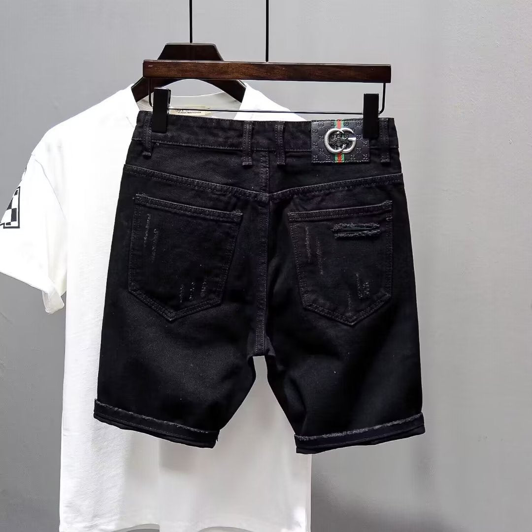 Mens Shorts Denim Stretch Cotton Ripped Slim Casual Summer Half Pant Jeans