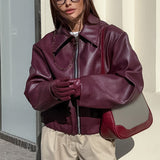 Womens faux Leather Jackets Solid Color Lapel Zipper Long Sleeve Leather Coat