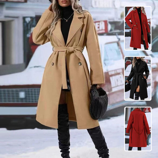 Womens British Style Double Breasted Lapel Collar Belt Trench Outwear Overcoat