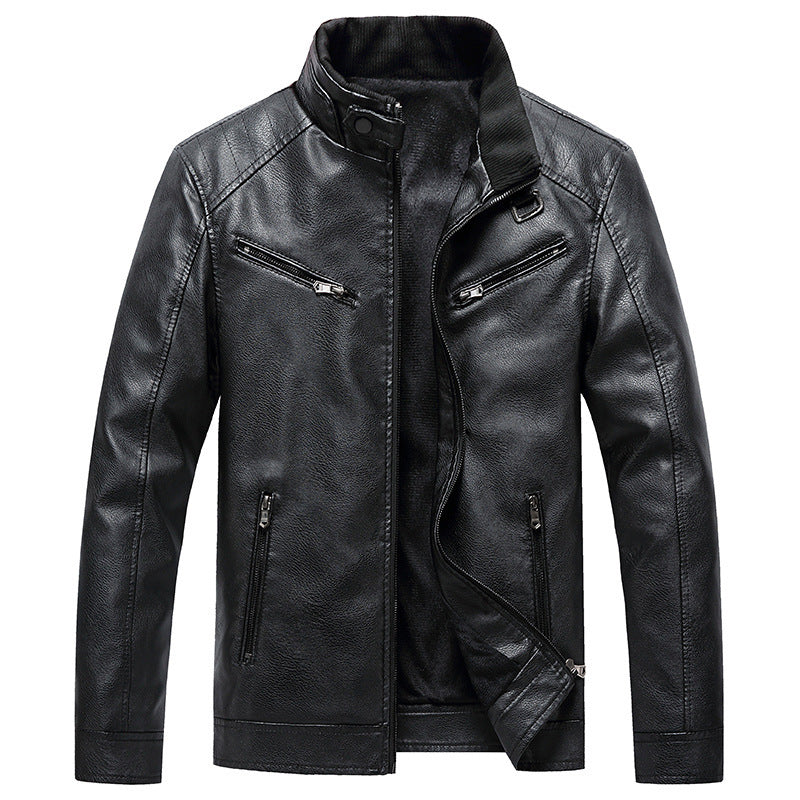 Mens Bomber Faux Leather Jacket Stand Collar Fleece Lined