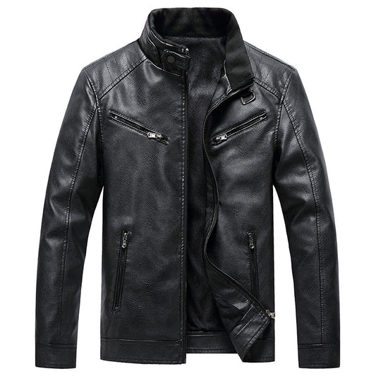Mens Bomber Faux Leather Jacket Stand Collar Fleece Lined