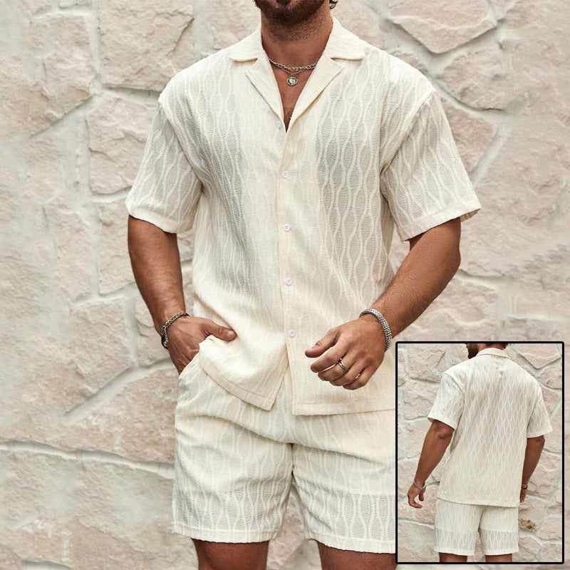 Men Summer Fashion Solid Loose Casual Two Pieces Lapel Button Shirt Shorts Beach Holiday