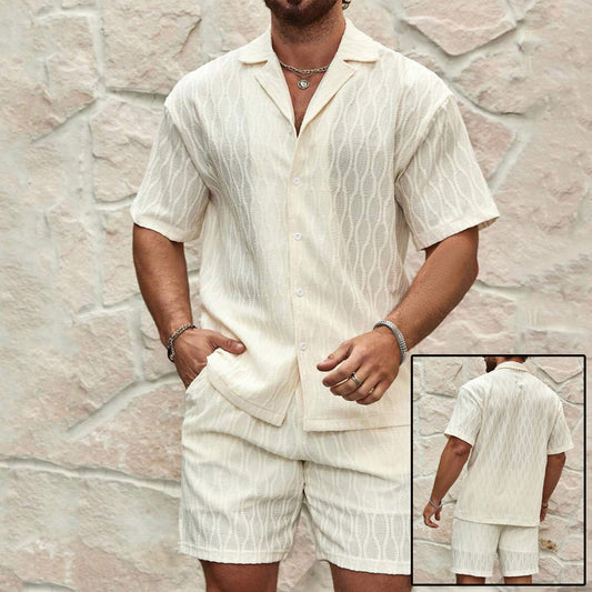 Men Summer Fashion Solid Loose Casual Two Pieces Lapel Button Shirt Shorts Beach Holiday