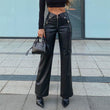 ladies Leather High Waist Straight Loose Wide Leg Casual Pants Leather Pants