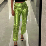 Women's Faux Leather Metallic High Waist Pants Straight Wide Leg Pants Punk Trousers