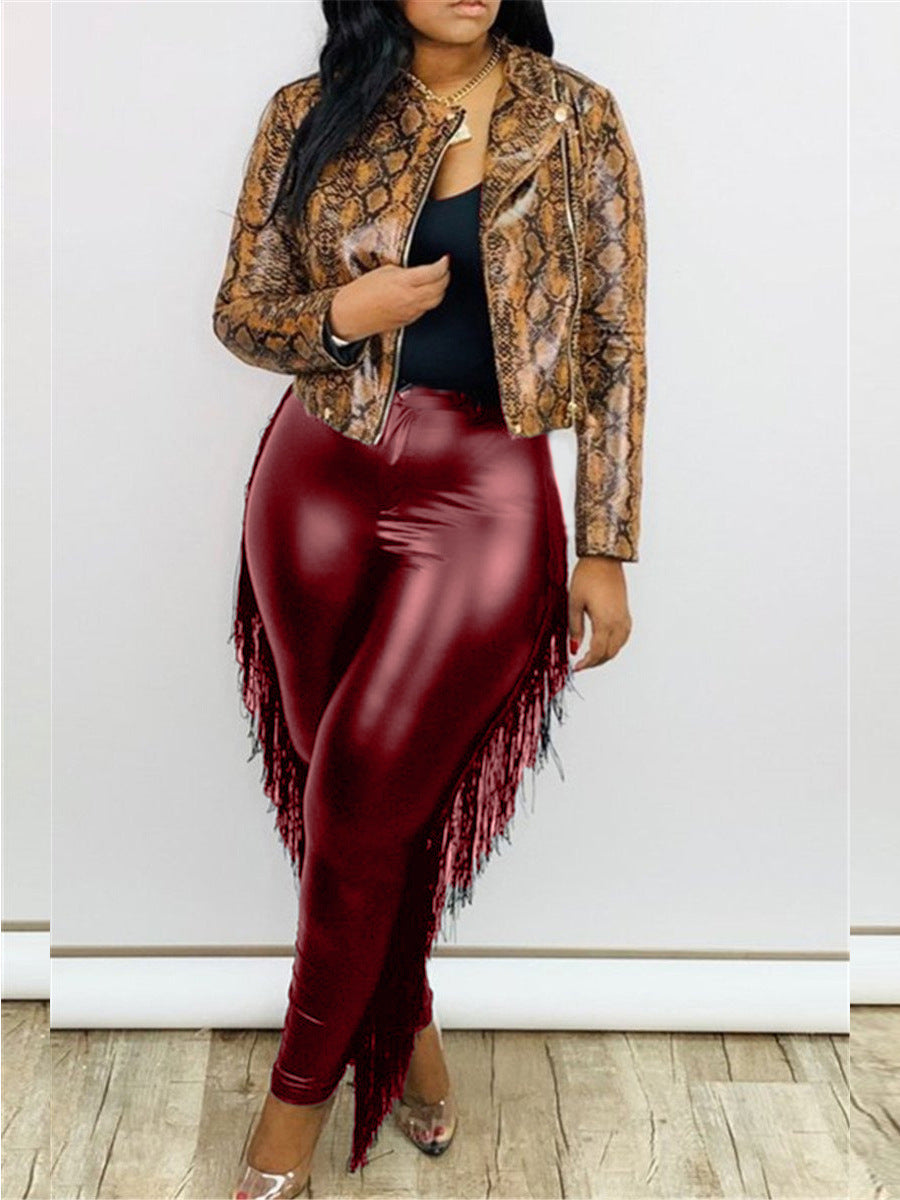 Womens Faux Leather Tassel Wrap Buttocks 9 Inch Large Pants