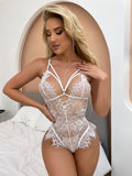 Womens Sexy Lace White Perspective Lingerie Bodysuit Ladies Babydoll Nightwear Sleepwear Jumpsuit