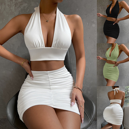Halter Top And Skirt Set For Women - Stylish White Green Black Dress