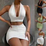 Halter Top And Skirt Set For Women - Stylish White Green Black Dress