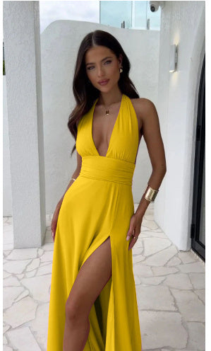 Womens Sexy Halterneck V-neck Slit Dress Summer Backless Strappy Skirt Fashion Temperament