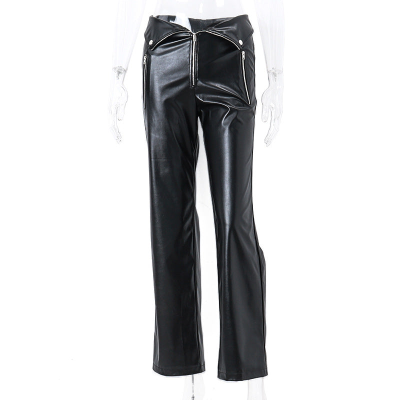 ladies Leather High Waist Straight Loose Wide Leg Casual Pants Leather Pants