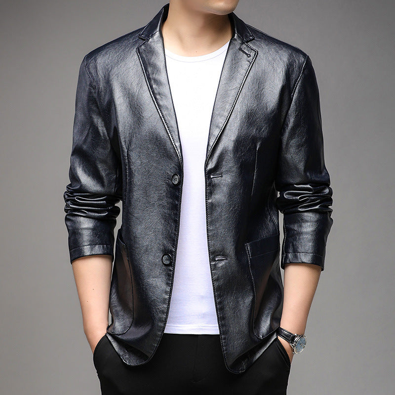 Men's casual Notched Collar 2 Button Slim Moto Faux Leather Blazer Jacket