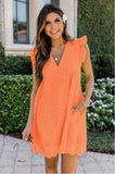 ladies Lace Dresses With Pocket Summer Sleeveless Jacquard Cutout V-Neck Beach Dress