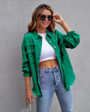 Distressed denim shirt oversized jacket frayed hem ripped shacket neon colours
