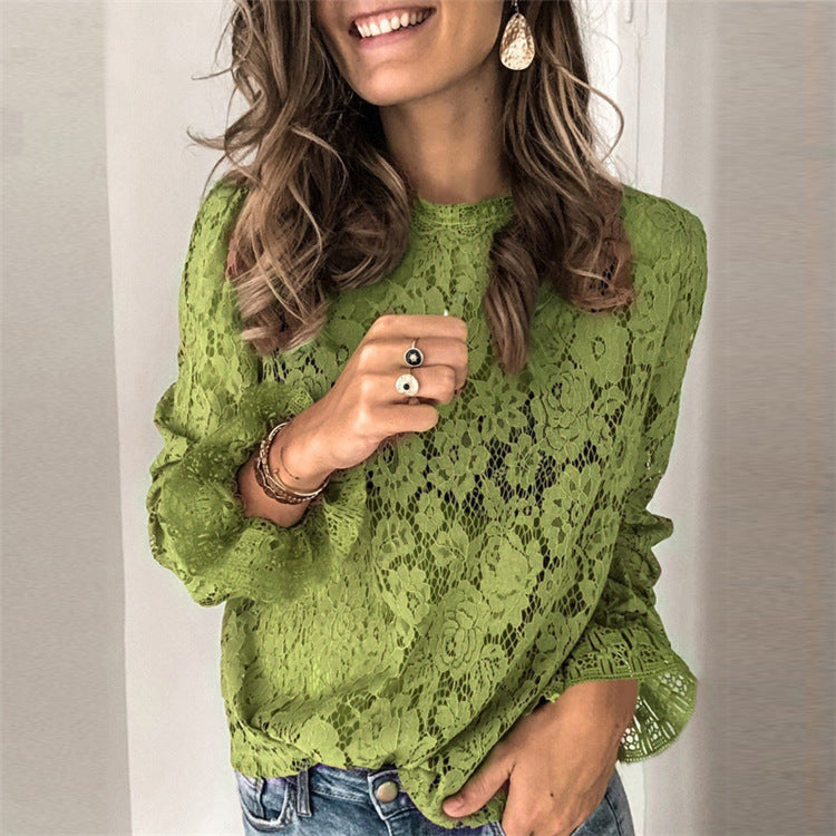 Womens  Round Neck Lace Shirt Ladies  Hollow Casual slim shirt