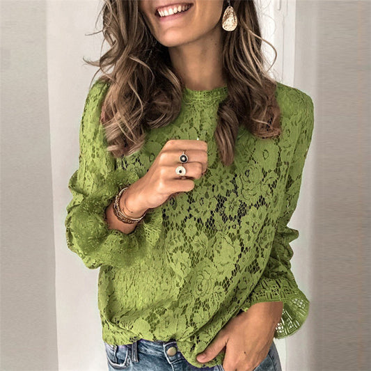 Womens  Round Neck Lace Shirt Ladies  Hollow Casual slim shirt