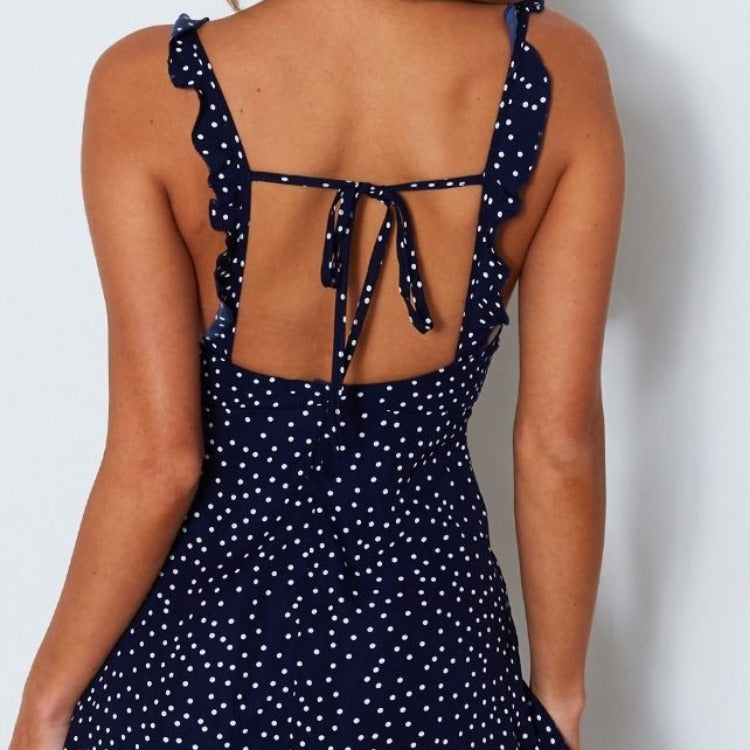 Womens Polka-dot Strappy Dress Women Summer Fashion Beach Sundress