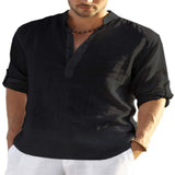 Men's Casual Baggy Cotton Linen Solid Long Sleeve Pocket Stand Collar Shirts Top