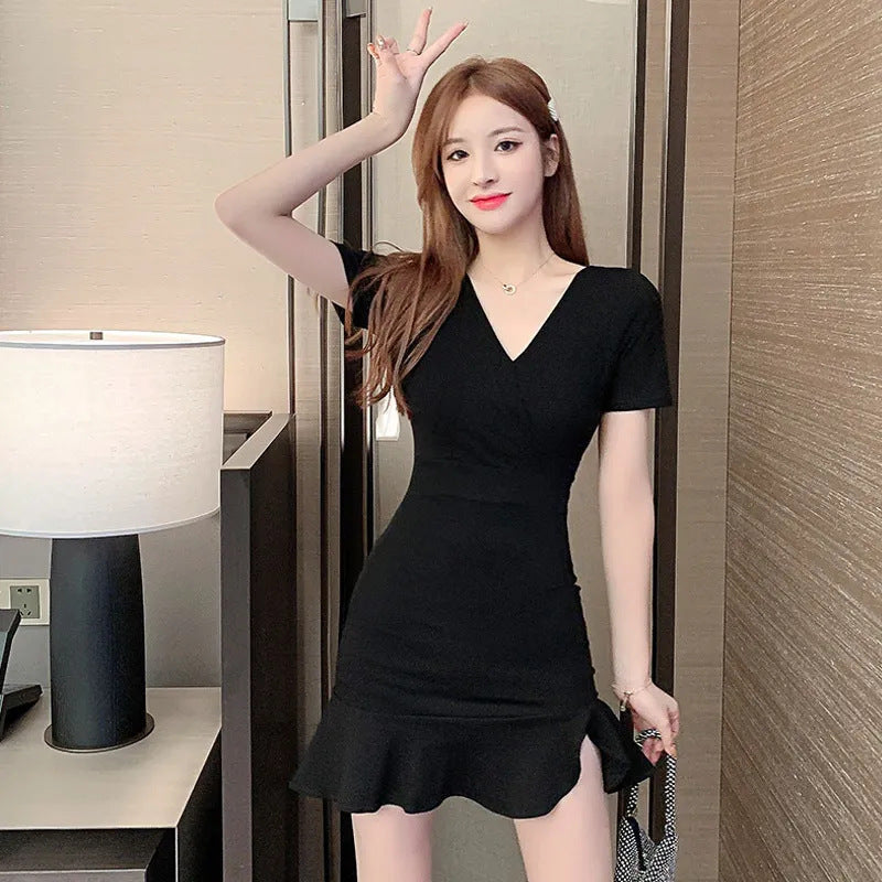Female Dress Summer V-neck Bag Hip High Waist Slimming Fish Tail Skirt
