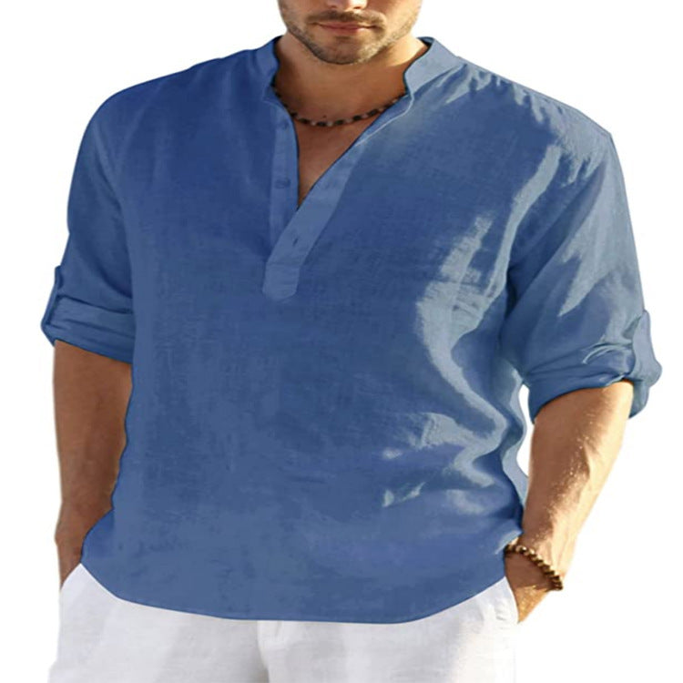 Men's Casual Baggy Cotton Linen Solid Long Sleeve Pocket Stand Collar Shirts Top