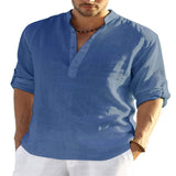 Men's Casual Baggy Cotton Linen Solid Long Sleeve Pocket Stand Collar Shirts Top