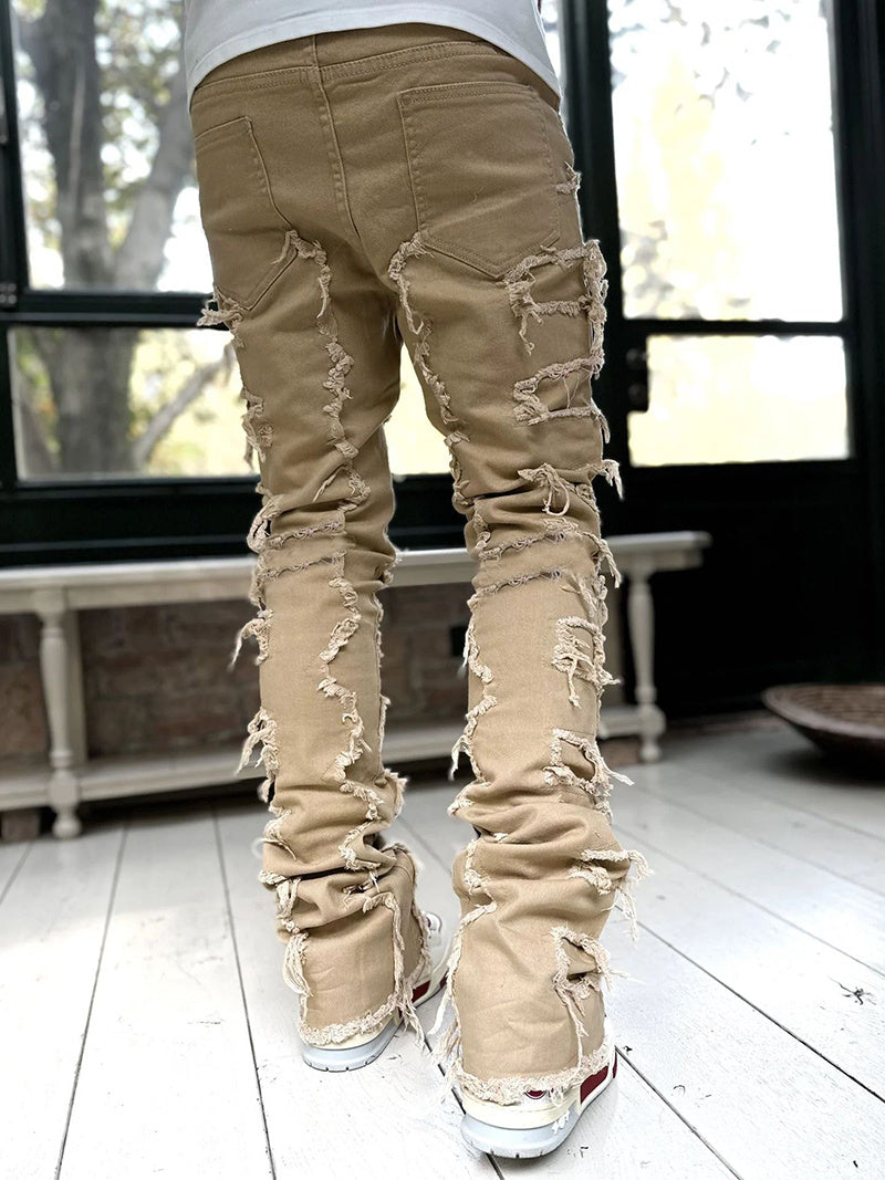 Men Patched Pants Long Tight Fit Stacked Jeans For Mens