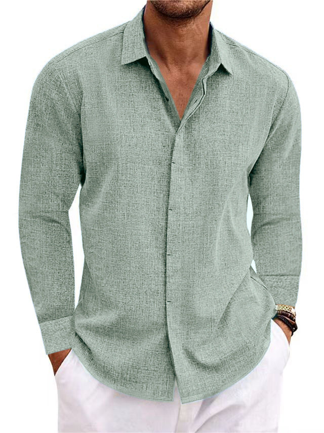 Mens Fashion Long Sleeve T-shirt Undershirt Solid Color Long Sleeve Cotton Linen Shirt Men
