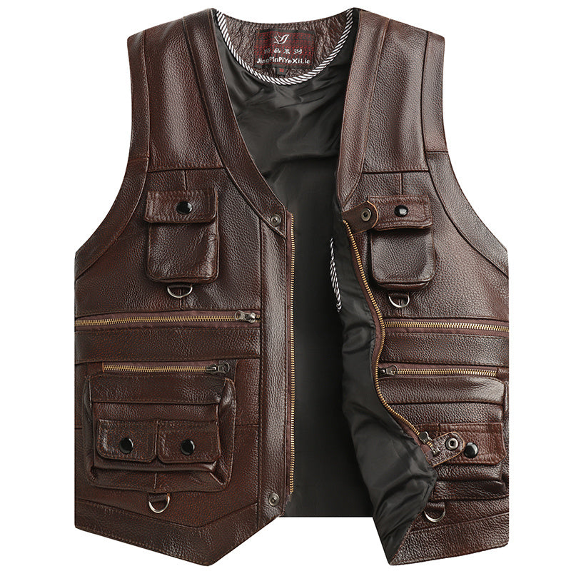 Men's  Cowhide Leather Vest Coat Sleeveless Classic Waistcoat, MotorBike Style