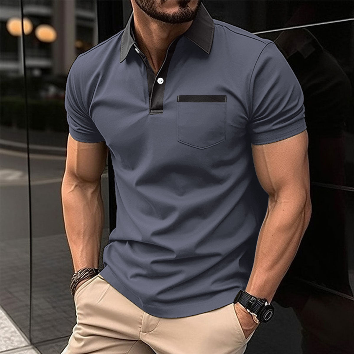 Mens Polo Shirt Lapel Fashion Slim Pocket Short-sleeved Oxford Tshirt