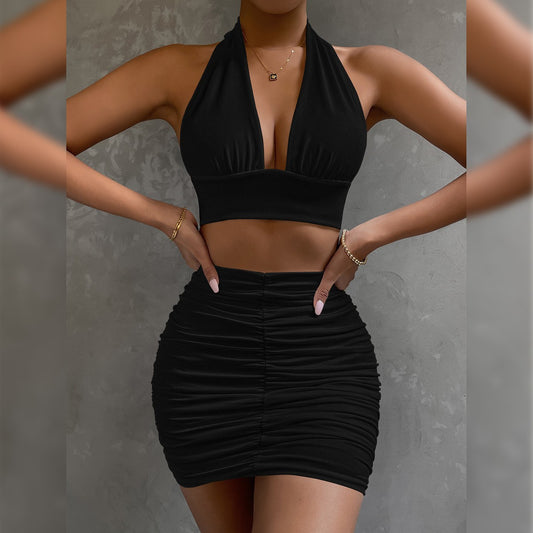 Halter Top And Skirt Set For Women - Stylish White Green Black Dress