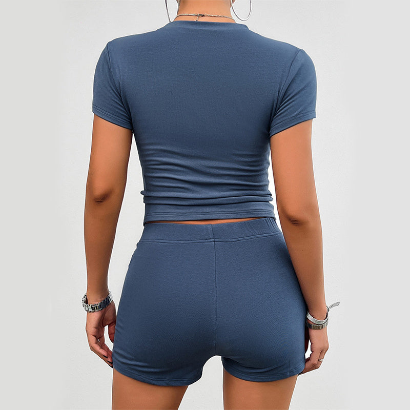 NEW Stylish Women Solid Color Round Neck Short Sleeve Casual Sport Short Outfits