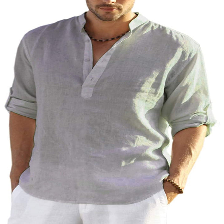 Men's Casual Baggy Cotton Linen Solid Long Sleeve Pocket Stand Collar Shirts Top