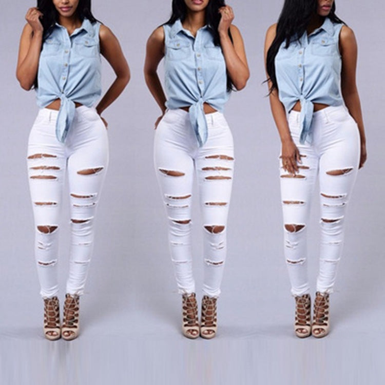 Womens High Waist Ripped Jeans Skinny Pants Leggings, Slim Stretch pencil Pant