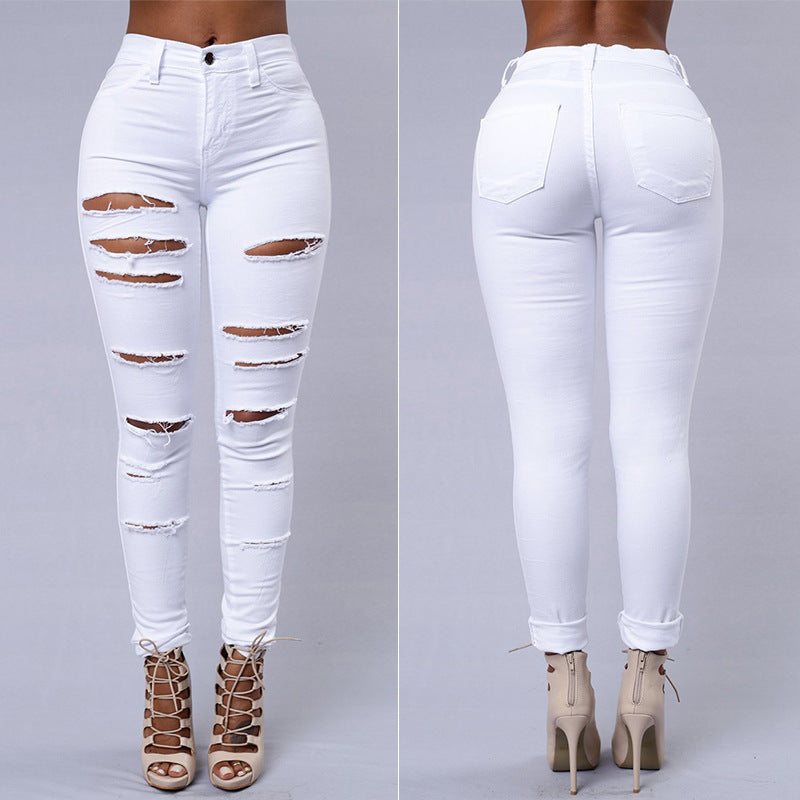 Womens High Waist Ripped Jeans Skinny Pants Leggings, Slim Stretch pencil Pant